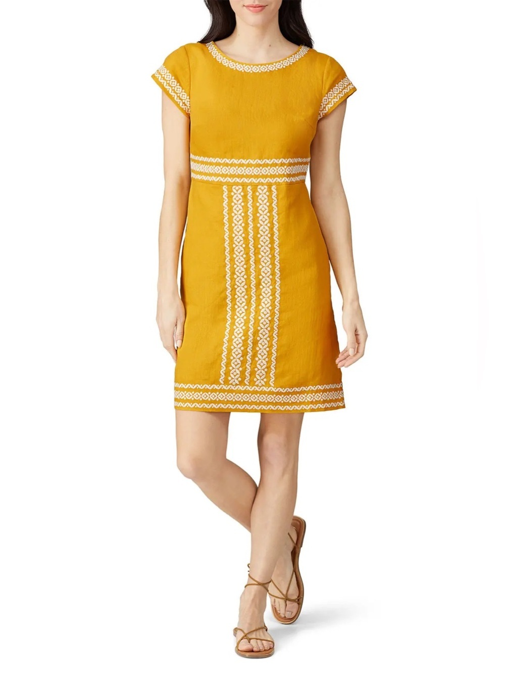 Boden Laura 100% Linen Embroidered Dress Mustard Yellow Shift Dress Size 16/18